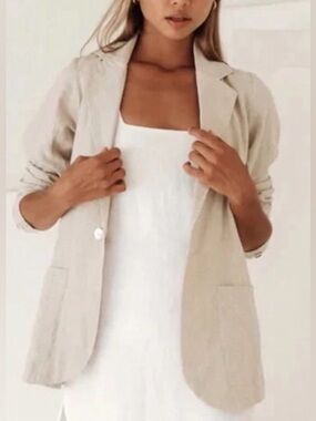 Free The Label 100% Linen Beige Blazer Jacket Women’s S Minimalist Sustainable